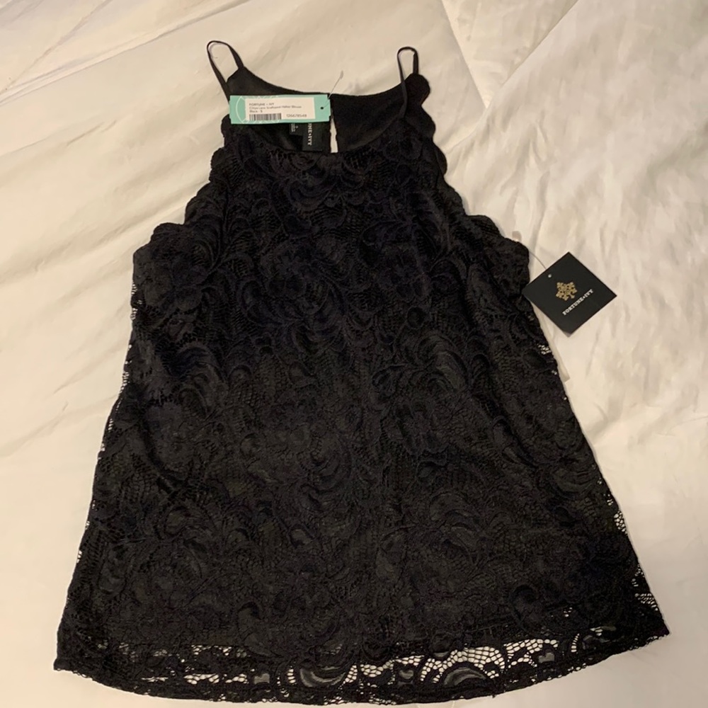 Fortune + Ivy Chiya Lace Scalloped Halter Blouse